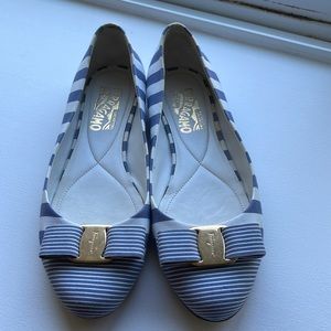 Salvatore Ferragamo Blue Striped Bow Flats